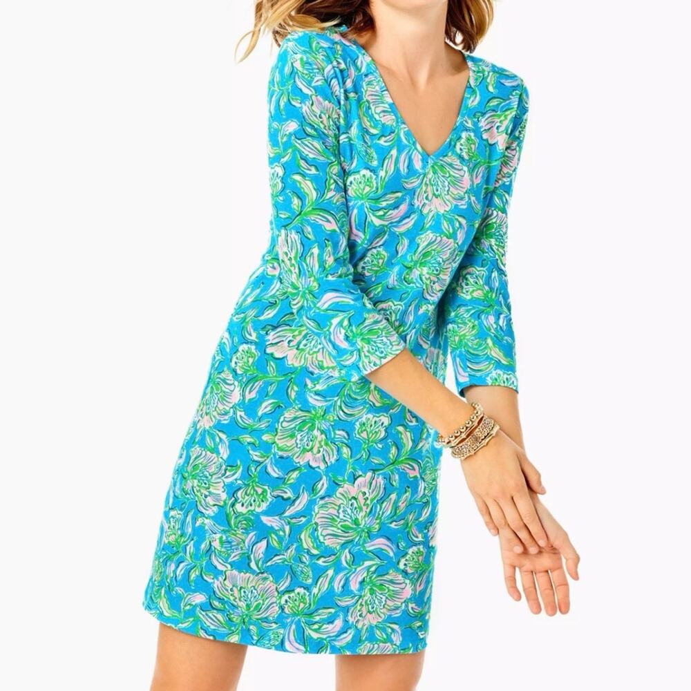 Lilly Pulitzer Tessa 3/4 Sleeve V-neck Dress - Cumulus Blue - Small
